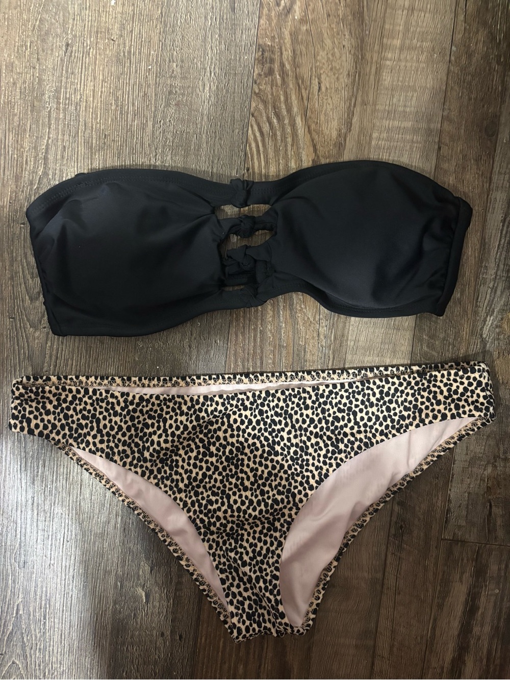 Black Strapless Bikini Top with Leopard Print Bottom